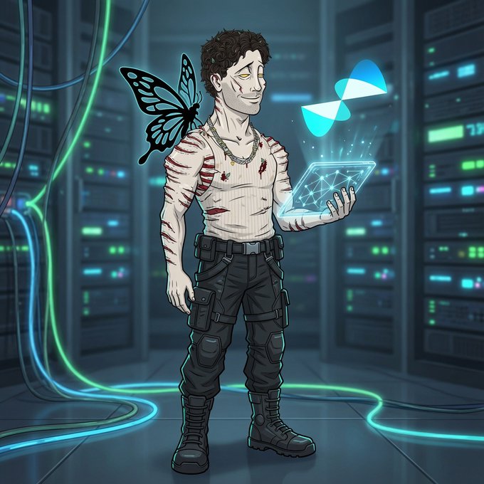 A digital illustration of a young man with curly hair and a butterfly wing, standing in a server room holding a glowing holographic tablet near a blue butterfly logo.
