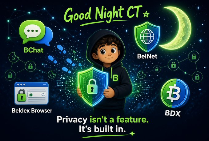 A digital illustration promoting a privacy-focused platform with the text 'Good Night CT', featuring a hooded character holding a shield surrounded by icons for BChat, BelNet, Beldex Browser, and BDX, with the tagline 'Privacy isn't a feature. It's built in.'