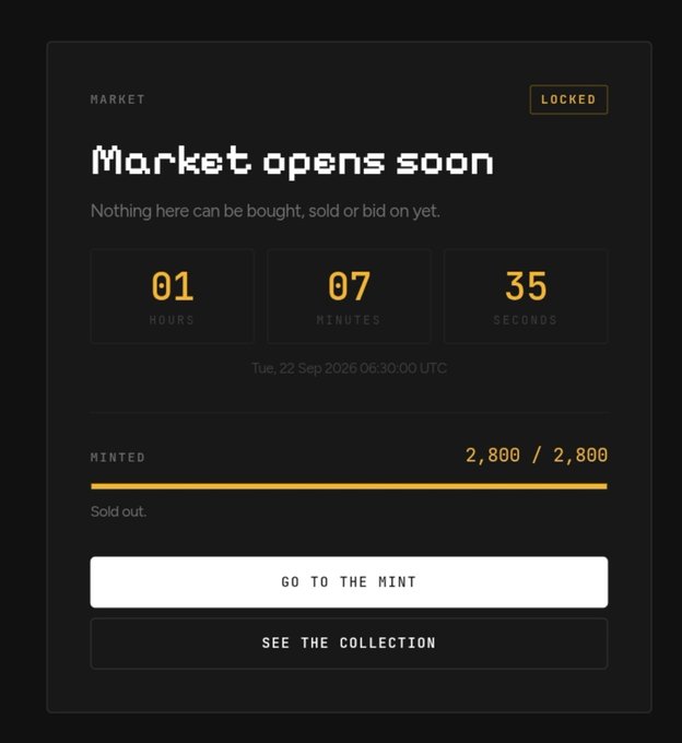 A countdown screen displays "Market opens soon" with a timer at 01:07:35 until Tuesday, 22 Sep 2026 06:30:00 UTC, showing the collection is "Locked" and fully minted at 2,800/2,800 with the "GO TO THE MINT" button visible. This directly corresponds to the post announcing that the zaddrnet secondary market will go live in approximately one hour, with all 2,800 items already sold out—suggesting the news mentioned may not be favorable for early minters.