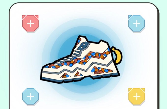 The image features a white shoe with blue, red, and yellow colors, which appears to be a sneaker or athletic shoe. The shoe has a banana attached to its side as an accessory. There are four other bananas visible in different positions around the shoe, suggesting that it is part of some sort of collection or display.