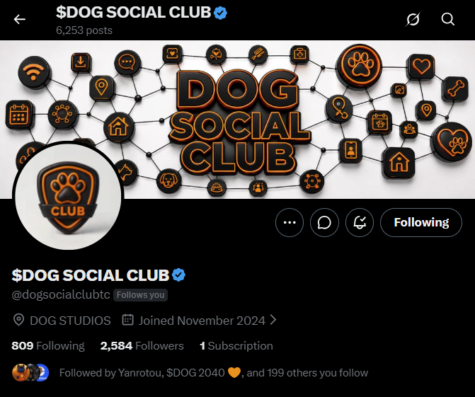 The image features a social media post from the Dog Social Club. The post includes a black and white background with various dog-related icons such as paw prints, bones, and a heart. The text of the post reads "Dog Social Club" followed by a list of followers and a caption about following others on social media platforms.