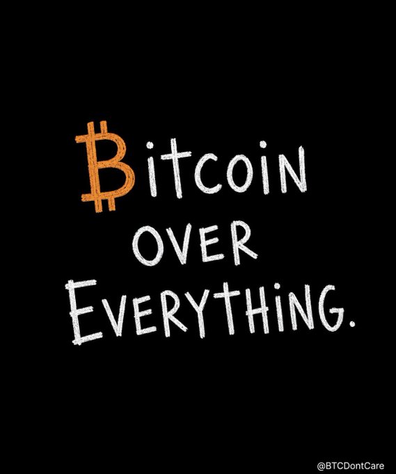Black background with hand-drawn text reading "Bitcoin OVER EVERYTHING." with the Bitcoin 'B' symbol in orange and the rest in white, credited to @BTCDontCare.