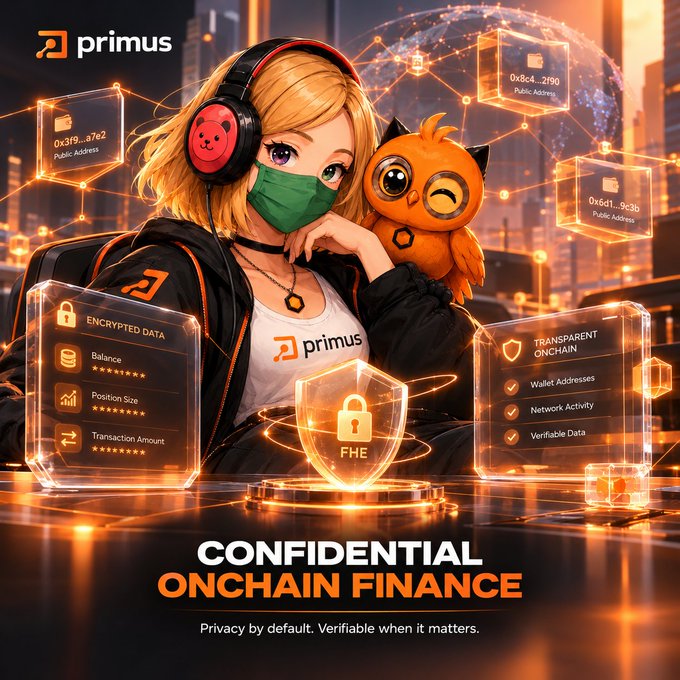 Anime-style promotional artwork for "primus" featuring a blonde character with headphones and an orange owl mascot, advertising "Confidential Onchain Finance" with FHE encryption technology, with text emphasizing "Privacy by default. Verifiable when it matters."