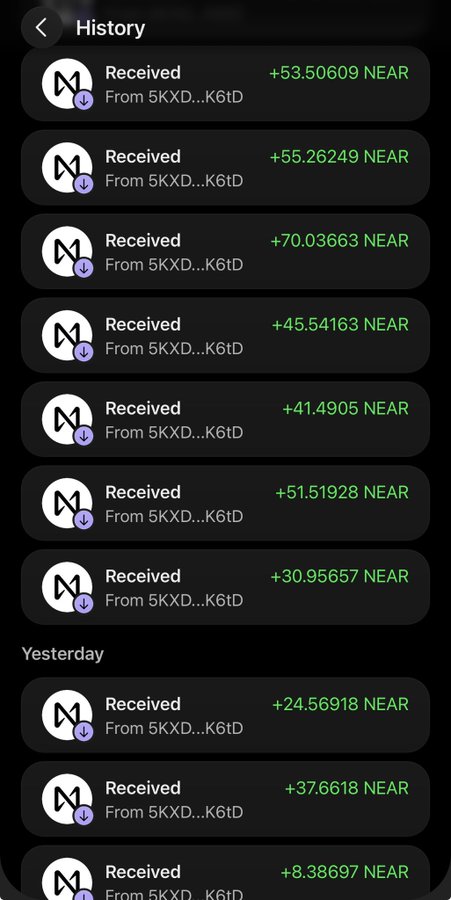 A transaction history screen showing multiple NEAR cryptocurrency received transactions in various amounts (ranging from +8.38 to +70.03 NEAR) from the sender 5KXD...K6tD.