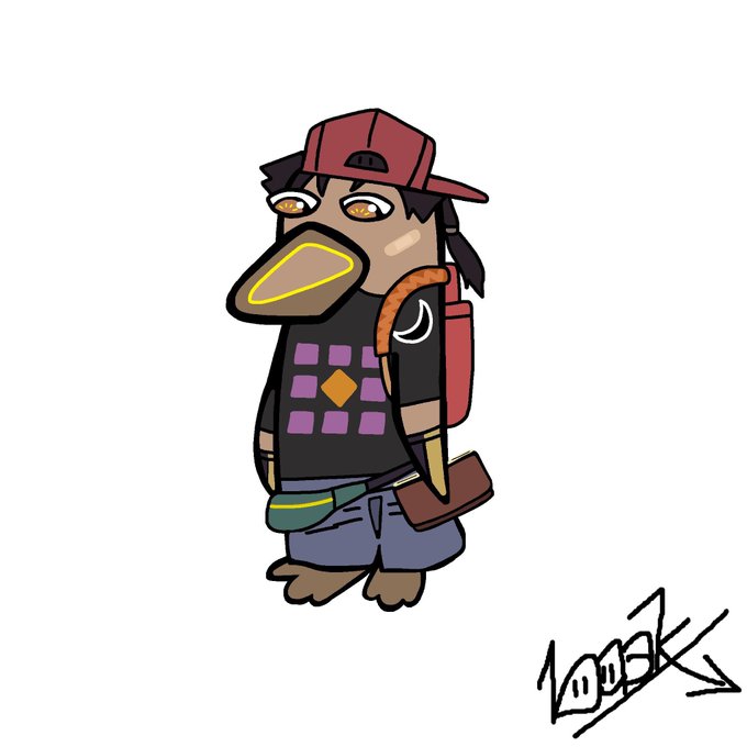 A stylized cartoon drawing of a character wearing a red backwards cap, dark shirt with a purple grid pattern, and carrying a backpack with various accessories, signed by artist 1003K.