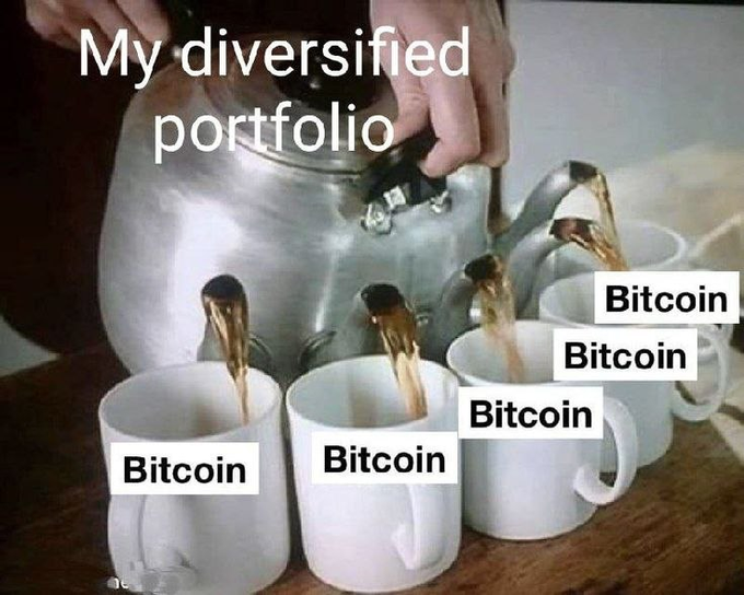 A meme image showing a teapot pouring liquid into five cups, all humorously labeled 'Bitcoin' beneath the caption 'My diversified portfolio'.