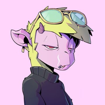 An anime-style illustration of a purple-skinned character with yellow hair, small horns, and sunglasses on their head, smoking a cigarette while wearing a black turtleneck against a pink background.