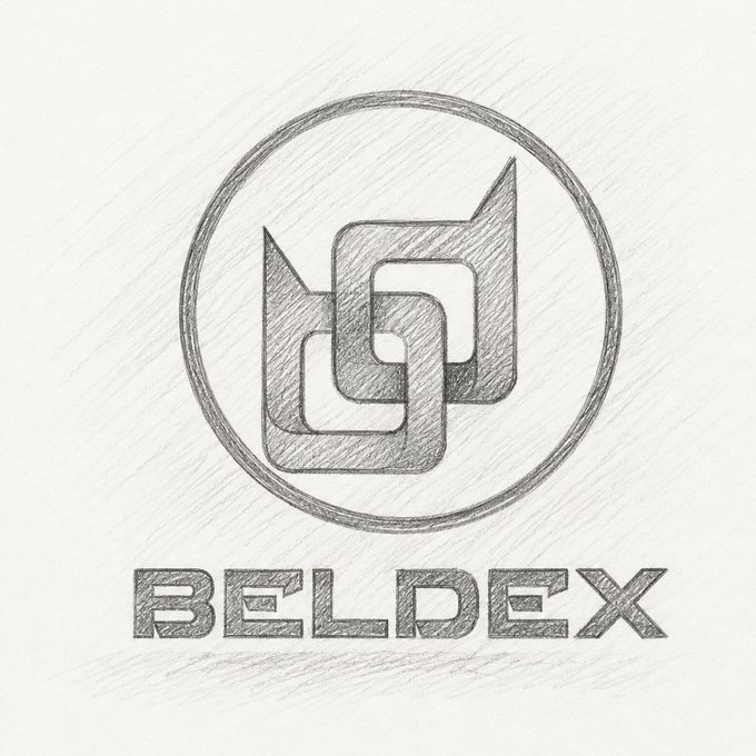A pencil-sketch style logo for 'BELDEX' featuring an interlocking geometric design inside a circle.