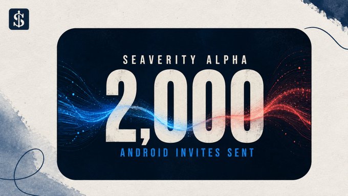 A graphic with the text 'SEAVERITY ALPHA 2,000 ANDROID INVITES SENT' against a dark blue background with red and blue flowing wave designs.