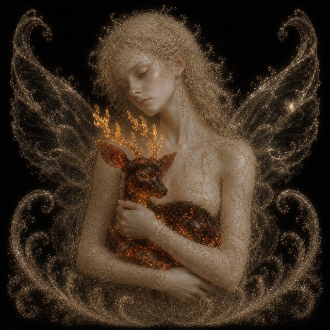 The image features a woman with blonde hair, wearing a dress, holding an orange deer or reindeer head. The background of the image is black, which contrasts with the white and gold elements present in the scene. There are also some text elements visible on the image that read "GTD is LIVE! opensea.io/collection/the …"