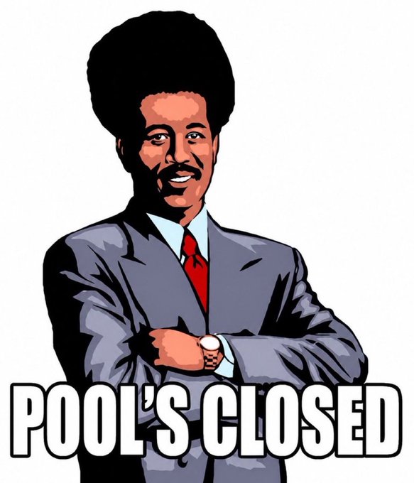 A stylized illustrated character with an afro, mustache, and gray suit with a red tie stands with arms crossed above bold white text reading "POOL'S CLOSED." The meme imagery of the "Pool's Closed" character visually reinforces the post's message about the $CLOSED meme coin remaining censored on crypto platforms despite gaining popularity.