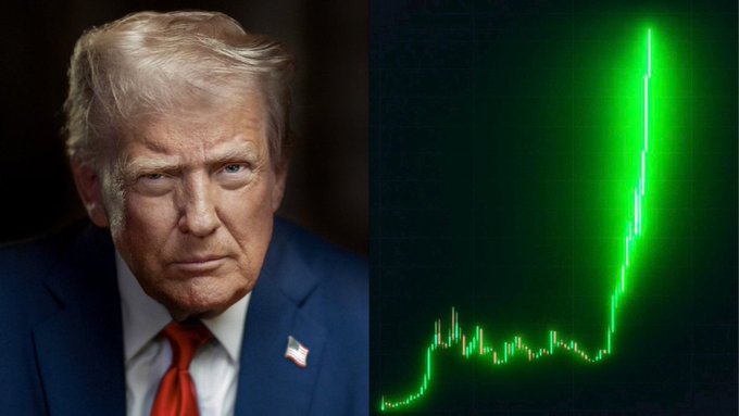 The image is a split composite featuring a serious-looking President Donald Trump in a dark suit with a red tie and American flag pin on the left, paired with a green stock/crypto candlestick chart showing a dramatic sharp upward spike on the right. The visual pairs Trump's portrait with the soaring green price chart to illustrate the post's claim that his announcement of a new "Crypto CLARITY ACT" is driving a major bullish rally in crypto markets.