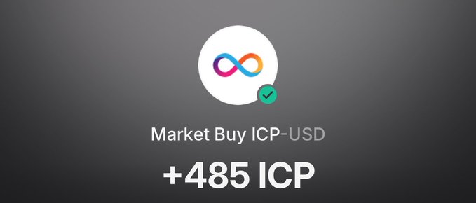 A notification screen showing a successful market buy of "+485 ICP" for the ICP-USD trading pair, with the infinity-style ICP logo and a green checkmark confirming the transaction—visually backing up the poster's playful "Oooops I did it again" as they've seemingly added another 485 ICP to their holdings.