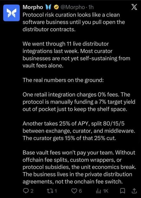 A standalone screenshot of the original @Morpho tweet discussing protocol risk curation, distributor contracts, and how 'the business lives in the private distribution agreements, not the onchain fee switch.'