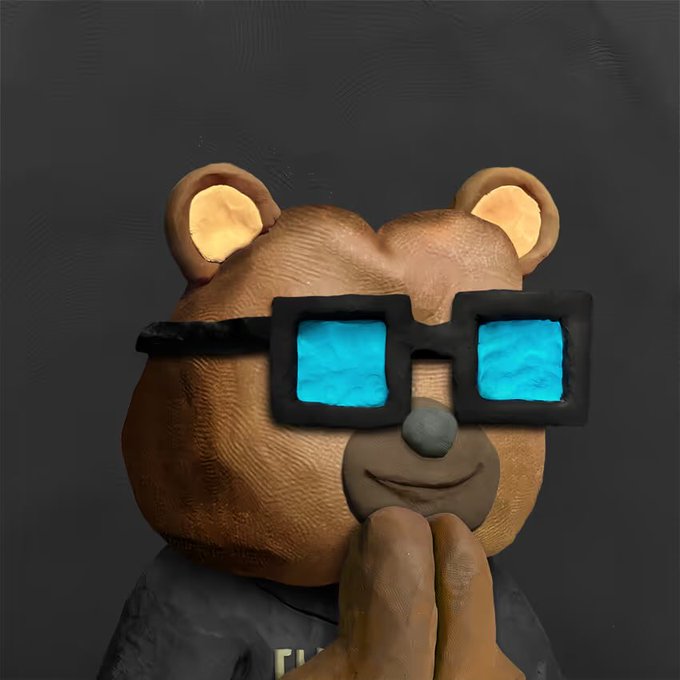 A 3D-modeled brown bear character wearing large black-framed pixelated blue glasses, with paws held up near its face.