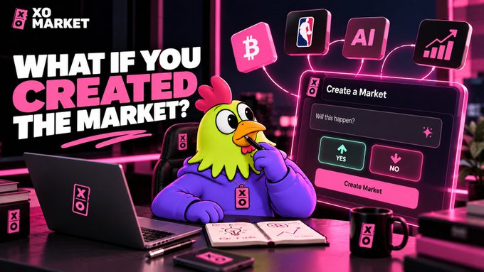 A promotional graphic for 'XO MARKET' featuring a 3D cartoon chicken mascot at a laptop, with the text 'WHAT IF YOU CREATED THE MARKET?' alongside icons for Bitcoin, NBA, AI, and a growth chart.