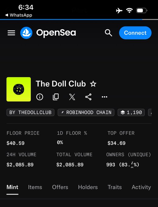 A mobile screenshot of the OpenSea NFT marketplace displays the 'The Doll Club' collection on Robinhood Chain, with a floor price of $40.59, 24H volume of $2,085.89, and 993 unique owners.