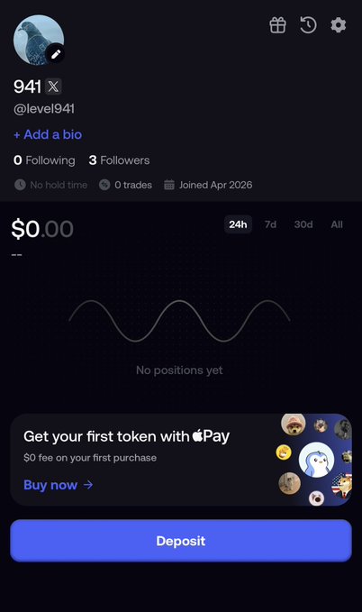 A screenshot of a Fomo trading app profile shows the user "941 @leve1941" with 0 trades, no positions, and a $0.00 balance, despite a cheerful "Get your first token with Apple Pay" prompt at the bottom. The irony is clear—the user just created a FOMO account but has no positions yet, undermining their boast about being ranked #1.
