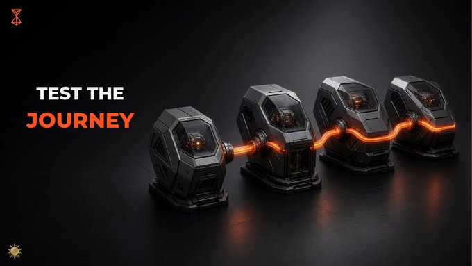 Dark promotional image with the text 'TEST THE JOURNEY' alongside four futuristic hexagonal pods connected by glowing orange tubes.