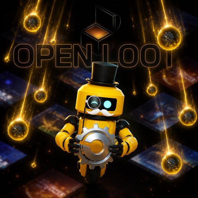 The image features the OpenLoot logo and mascot—a yellow robot wearing a top hat and monocle, holding a gear—set against a dark background with glowing orbs raining down. The accompanying post highlights financial data on the BIGTIME token ecosystem, including its significant decline (~464.8M sunk), in-game spending (387.6M), and withdrawal fees (77.2M) since October 6, 2023, suggesting the image relates to OpenLoot's role in tracking or hosting the Big Time play-to-earn game economy.