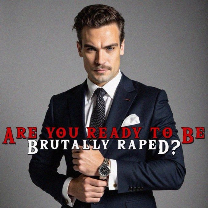 A photograph of a man in a dark suit and tie with overlaid red and white text reading 'ARE YOU READY TO BE BRUTALLY RAPED?'