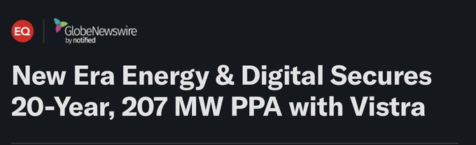 A news graphic from GlobeNewswire displaying the headline 'New Era Energy & Digital Secures 20-Year, 207 MW PPA with Vistra' alongside the company's red 'EQ' logo.