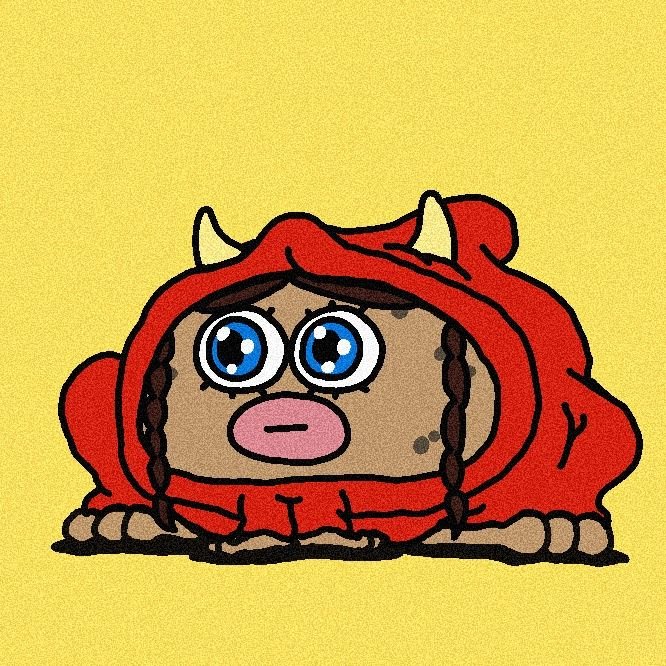 A cute cartoon character wearing a red devil costume with horns, featuring big blue eyes and braids, set against a yellow background. The playful image is being used to promote a crypto NFT collection called "Alpha," which was noted as the fastest-selling collection on Robinhood Crypto.