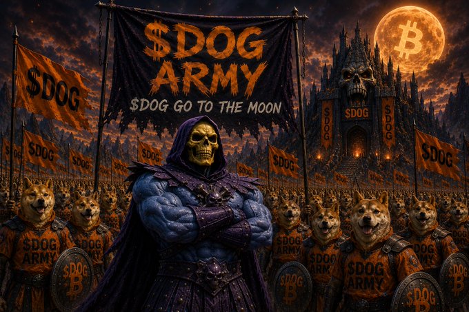 Dark fantasy artwork promoting "$DOG ARMY" with the tagline "$DOG GO TO THE MOON," depicting a hooded skeletal warrior leading an army of Shiba Inu soldiers under a Bitcoin moon, with "$DOG" banners surrounding a gothic castle.