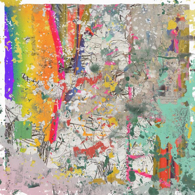 This vibrant mixed-media artwork features a chaotic burst of colors—yellows, reds, greens, pinks, and turquoise—splattered and smeared across the canvas with bold black linework, perfectly embodying the "until colors appear again" theme as a colorful explosion breaking through muted, washed-out tones. The accompanying caption promotes the piece as a limited 1/4 edition available for 8.8 XTZ.