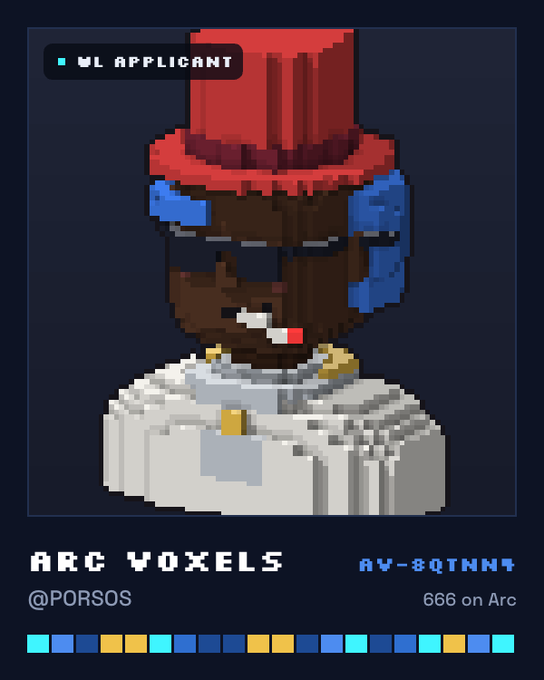 A pixel-art NFT image labeled 'WL APPLICANT', 'ARC VOXELS', '@PORSOS', and '666 on Arc' shows a character wearing a red top hat and blue headphones.