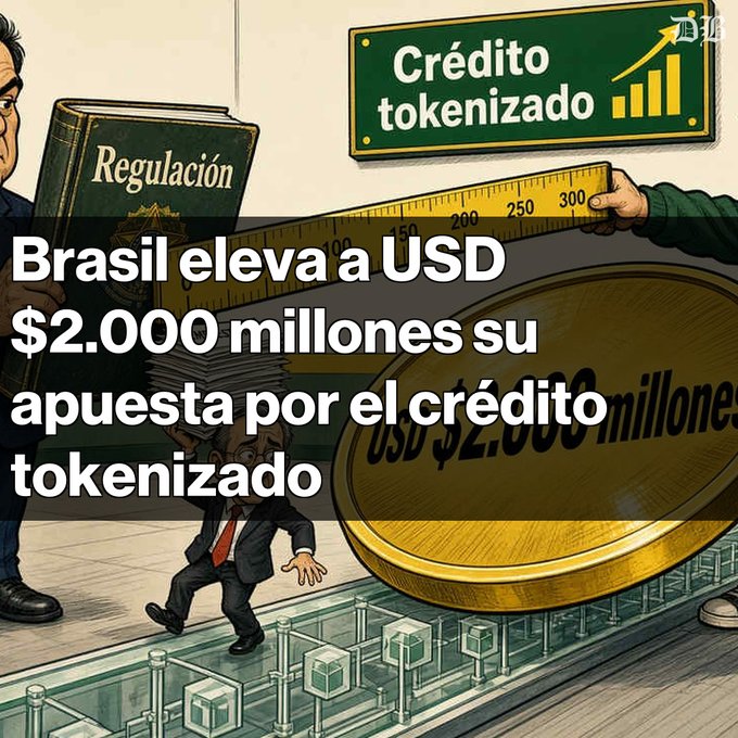 An illustrated graphic with the Spanish text 'Brasil eleva a USD $2.000 millones su apuesta por el crédito tokenizado', showing figures with a 'Regulación' book, a ruler, and a giant coin marked 'USD $2.000 millones' over a circuit board design.