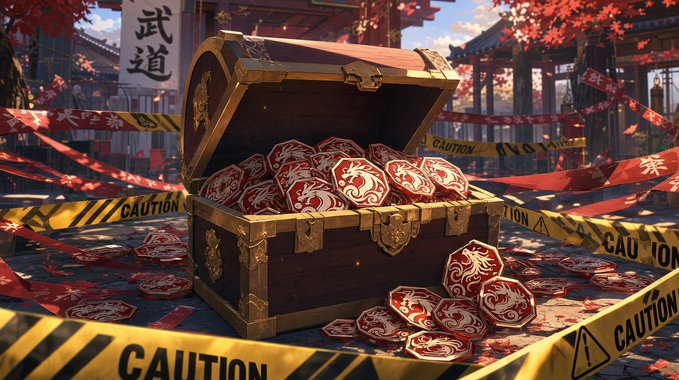 A treasure chest overflowing with red "$DOJO" tokens sits surrounded by yellow "CAUTION" tape in a Japanese-style courtyard, visually symbolizing the project's locked liquidity issue with the warning that funds are "SAFU." The image uses the martial arts dojo setting and caution barriers to convey the urgency of transferring LP tokens from UniswapV3 to V2.