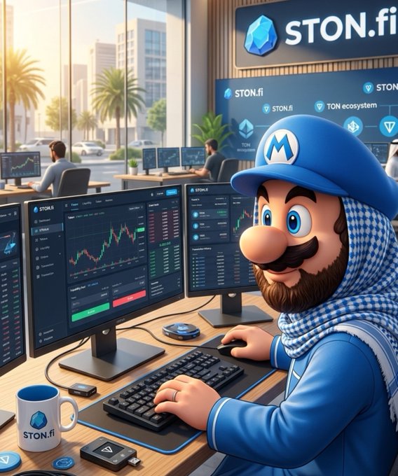 An illustration depicts a character resembling Mario wearing a keffiyeh and blue outfit at a trading desk with multiple monitors displaying charts and 'STON.fi' and 'TON ecosystem' branding.