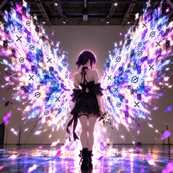 An anime-style rendering of a girl with dark hair in a black dress facing away from the viewer, flanked by large, glowing wings made of shimmering purple and pink digital fragments.