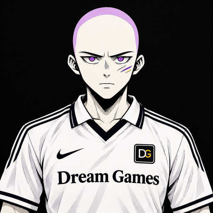An anime-style illustration of a fierce-looking character with purple eyes and a shaved purple-streaked head, wearing a white jersey with black trim that displays the Nike logo, a "DG" crest, and the "Dream Games" text across the chest. The intense expression and athletic attire visually reinforce the post's message about Dream Games as a competitive skill-based gaming platform.