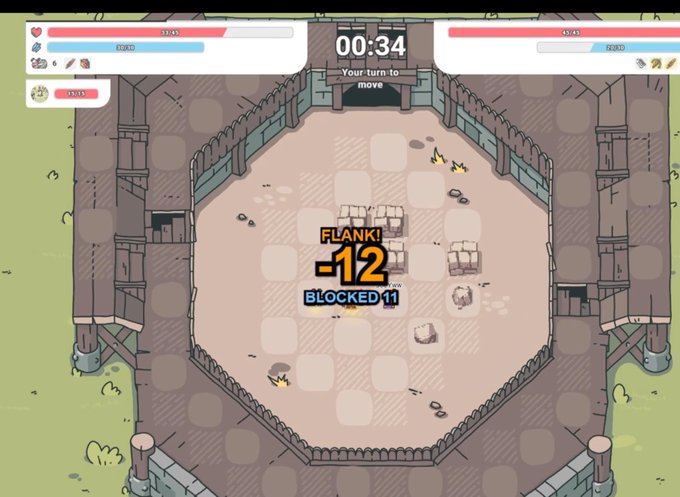 A top-down turn-based game screenshot shows a battle arena with the text 'FLANK! -12 BLOCKED 11' and a timer reading '00:34 - Your turn to move'.