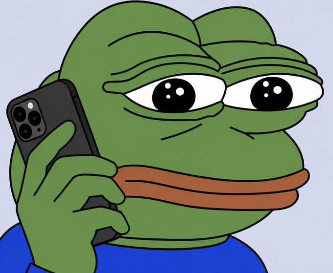 A cartoon illustration of the Pepe the Frog meme character wearing a blue shirt, holding a smartphone to his ear with a neutral expression against a light blue background.