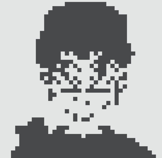 Minimalist pixel-art black and white silhouette of a person's head and shoulders with a shadowy, pixelated face.