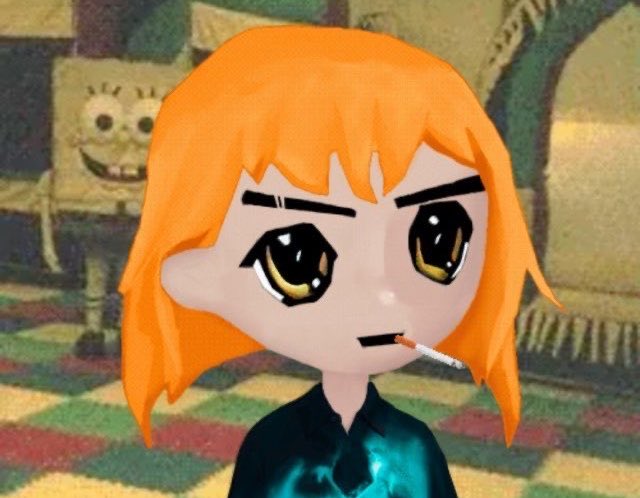 A stylized cartoon drawing of a chibi-style girl with orange hair and large brown eyes, holding a cigarette in her mouth and wearing a dark collared shirt, with SpongeBob SquarePants faintly visible in the background.