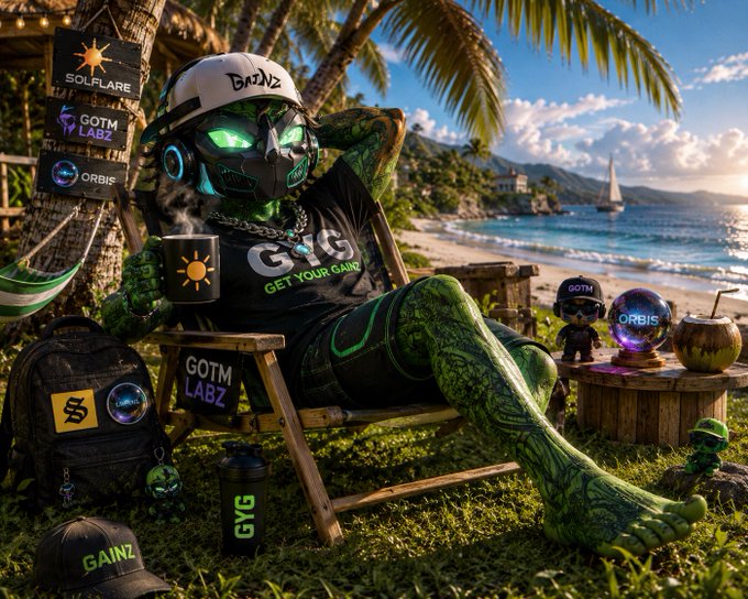 A green reptilian humanoid character in futuristic gear relaxes on a beach chair holding a coffee mug, surrounded by branded merchandise including "SOLFLARE," "GOTM LABZ," "ORBIS," "GAINZ," and "GYG," with a tropical beach scene behind.