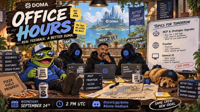A colorful illustration promoting a 'DOMA OFFICE HOURS' event on 'WEDNESDAY SEPTEMBER 24TH 2 PM UTC' at 'discord.gg/doma', featuring cartoon characters including a frog in sunglasses, hooded figures, and a dog in an office setting.