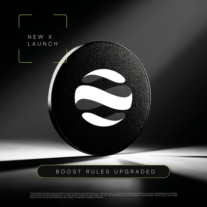 A promotional graphic announces a 'NEW X LAUNCH' with the tagline 'BOOST RULES UPGRADED' featuring a stylized logo on a black textured circular surface.