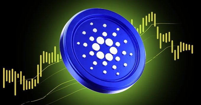A blue Cardano (ADA) cryptocurrency coin displayed against a dark green background with yellow price chart lines and candlesticks.