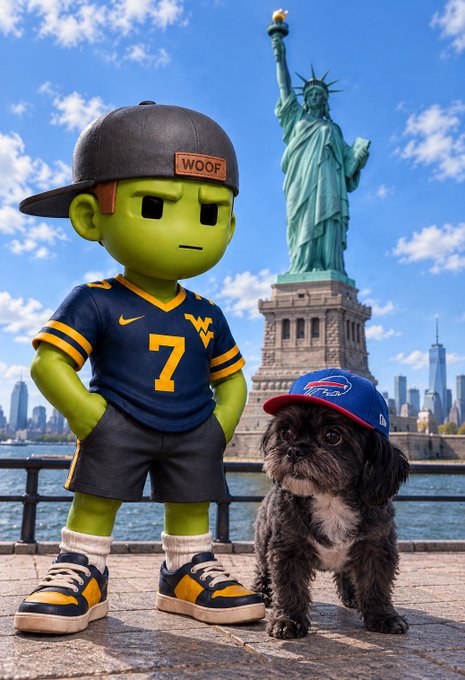 A 3D-rendered green character wearing a West Virginia University jersey with the number 7 and a 'WOOF' cap stands next to a small black dog wearing a Bills cap, posed in front of the Statue of Liberty.