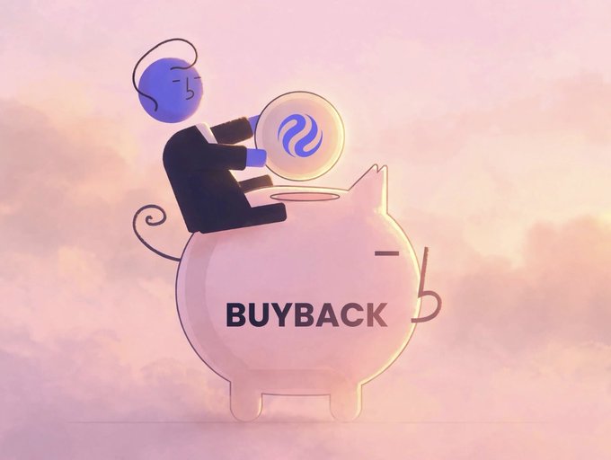 A pastel cartoon depicts a character inserting a token into a piggy bank labeled “BUYBACK.”