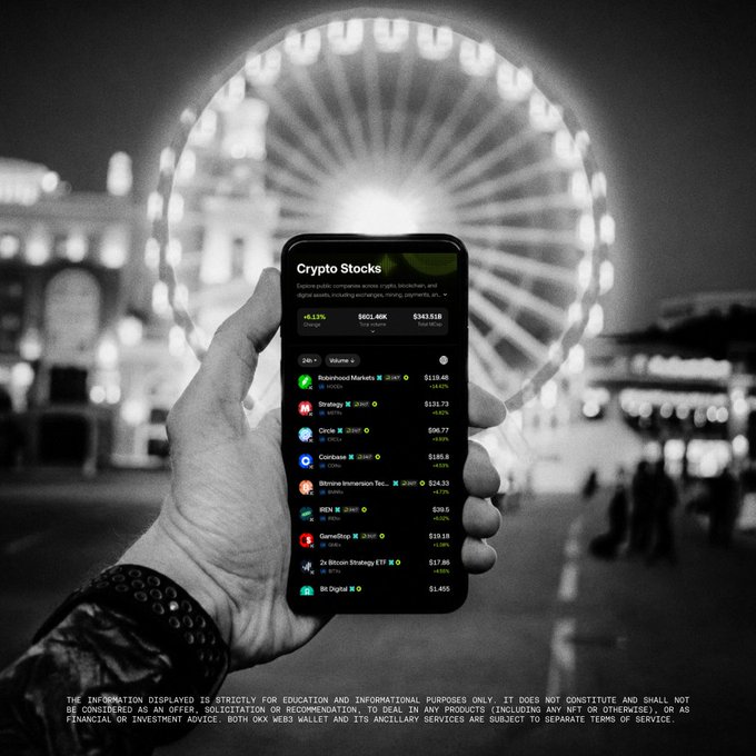 A hand holds a smartphone displaying OKX's "Crypto Stocks" portfolio, showing values like $601.46K total and companies such as Robinhood ($119.48), Strategy ($131.73), Coinbase ($98.17), Circle ($96.77), and Bit Digital ($1.45), set against a black-and-white backdrop of a glowing Ferris wheel. The image visually reinforces the post's message about the maturation of the blockchain economy beyond digital assets, highlighting publicly traded crypto-related companies across exchanges, payment networks, mining, and enterprise software sectors.