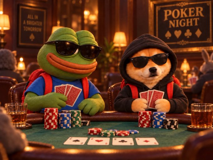 Two anthropomorphic characters — a green frog in a blue shirt and a Shiba Inu dog wearing a black hoodie — sit at a poker table holding cards and stacked chips, with signs in the background reading "ALL IN A BRIGHTER TOMORROW" and "POKER NIGHT." The image playfully represents the post's claim that "Backpack is the HOUSE," with the house-dealing frog and dog standing in as the issuer of securities at the poker table.
