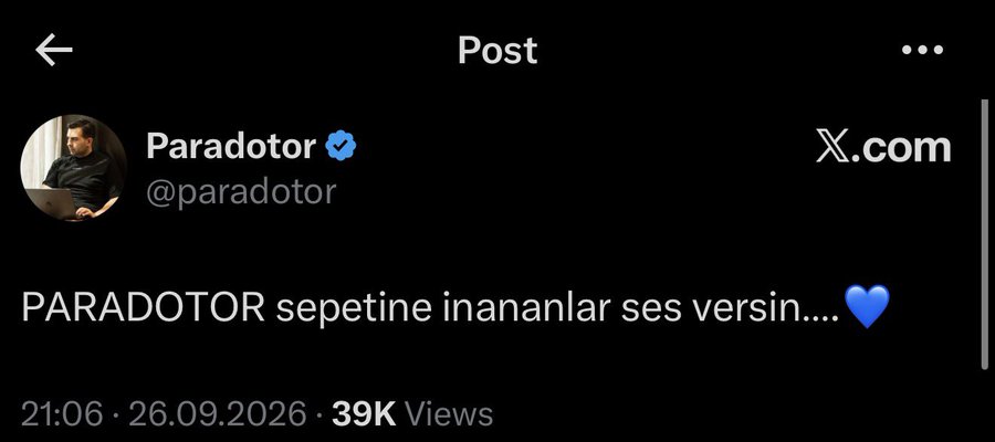 A screenshot of a verified X post from "Paradotor" (@paradotor) with 39K views from 26.09.2026 reads "PARADOTOR sepetine inananlar ses versin...." accompanied by a blue heart emoji. The caption aligns with the post's theme of urging believers in the "paradotor basket" to speak up, humorously noting that past performance is impressive.