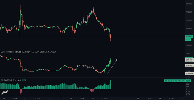 A BTC/USD price chart shows a recent sharp drop from ~$76,000 to $76,013.5 alongside rising Open Interest (5 venues) of $229.38K at $230.80K and OB Depth 5% volume of 1,335, illustrating large passive demand buildup as shorts attempt to force a downside breakout.