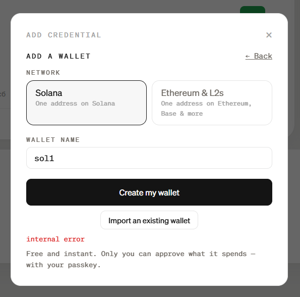A screenshot of an 'ADD CREDENTIAL' dialog box for adding a wallet, with the 'Solana' network option selected, a wallet name entered as 'sol1', and a red 'internal error' message displayed.